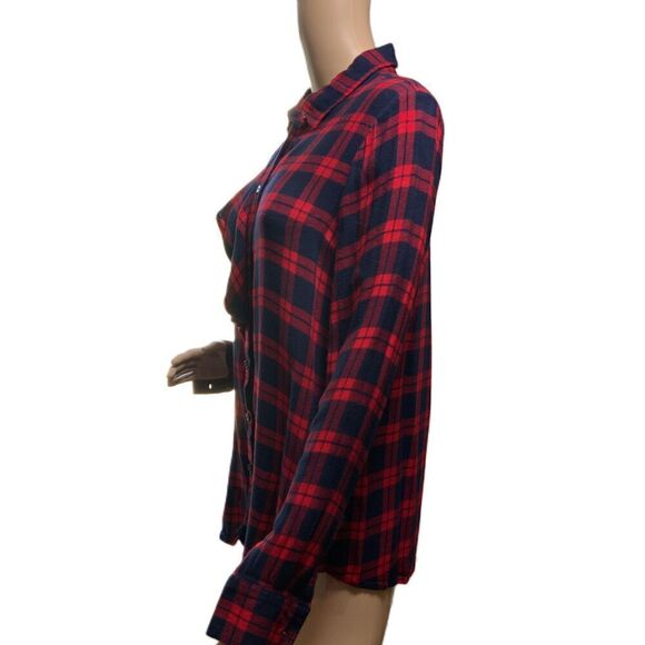 Banana Republic Red Navy Plaid Flannel Dillon Button Up Academia Ruffled Top Med - Picture 11 of 13